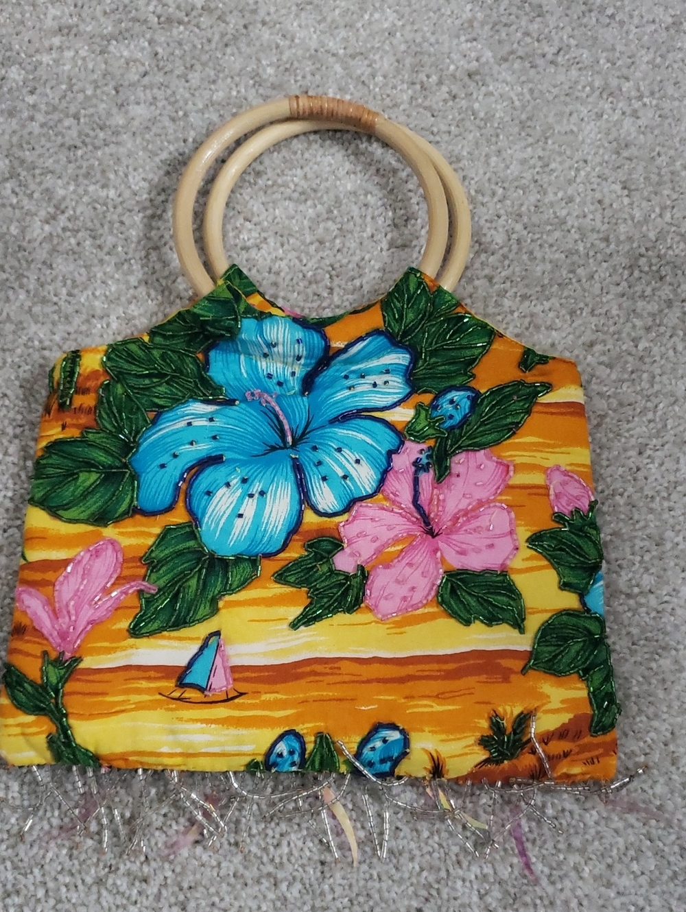 Tropical Floral Bamboo-Handle Purse